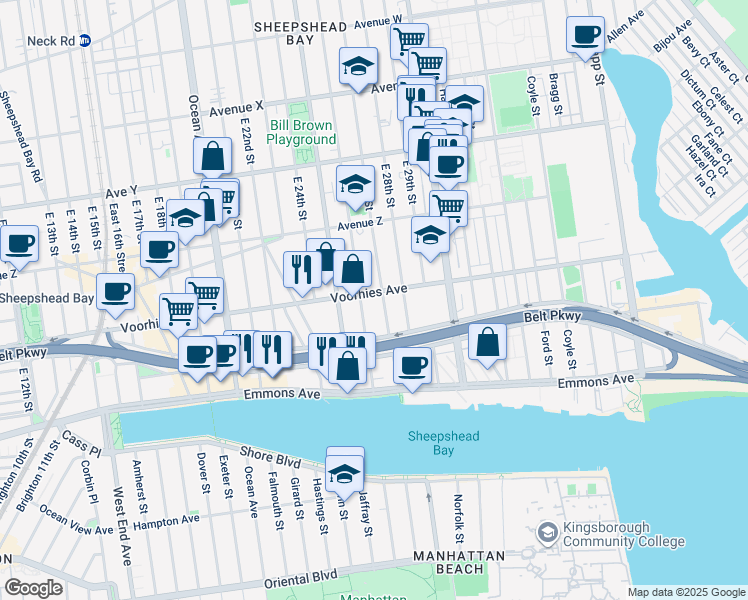 map of restaurants, bars, coffee shops, grocery stores, and more near 2625 Voorhies Avenue in Brooklyn