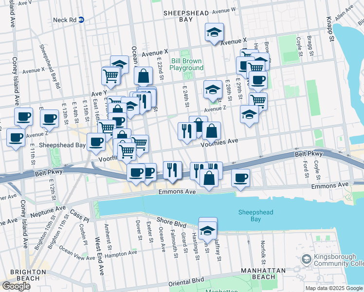 map of restaurants, bars, coffee shops, grocery stores, and more near 2676 East 24th Street in Brooklyn