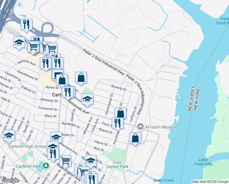 map of restaurants, bars, coffee shops, grocery stores, and more near 66 Christopher Street in Carteret