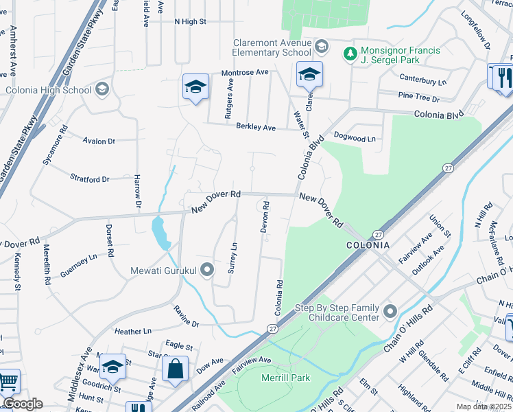map of restaurants, bars, coffee shops, grocery stores, and more near 1 Stafford Road in Woodbridge Township