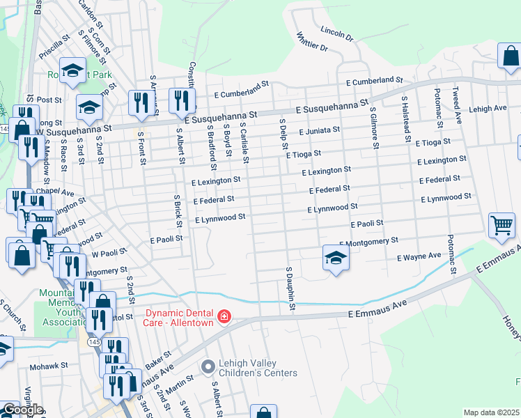 map of restaurants, bars, coffee shops, grocery stores, and more near 322 East Federal Street in Allentown