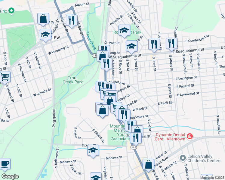 map of restaurants, bars, coffee shops, grocery stores, and more near 358 Chapel Avenue in Allentown