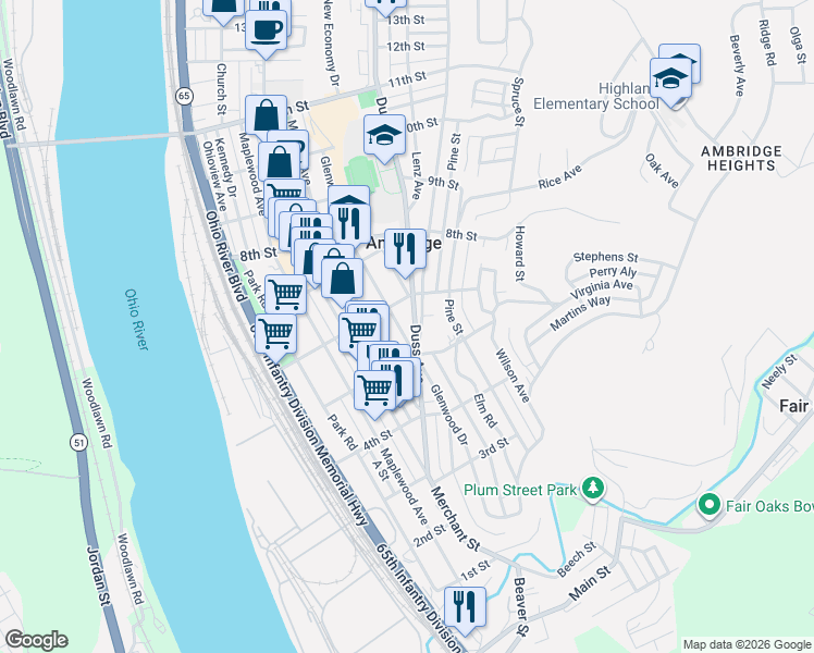 map of restaurants, bars, coffee shops, grocery stores, and more near 533 Beaver Road in Ambridge