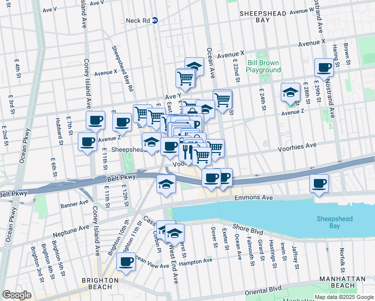 map of restaurants, bars, coffee shops, grocery stores, and more near 2652 East 18th Street in Brooklyn