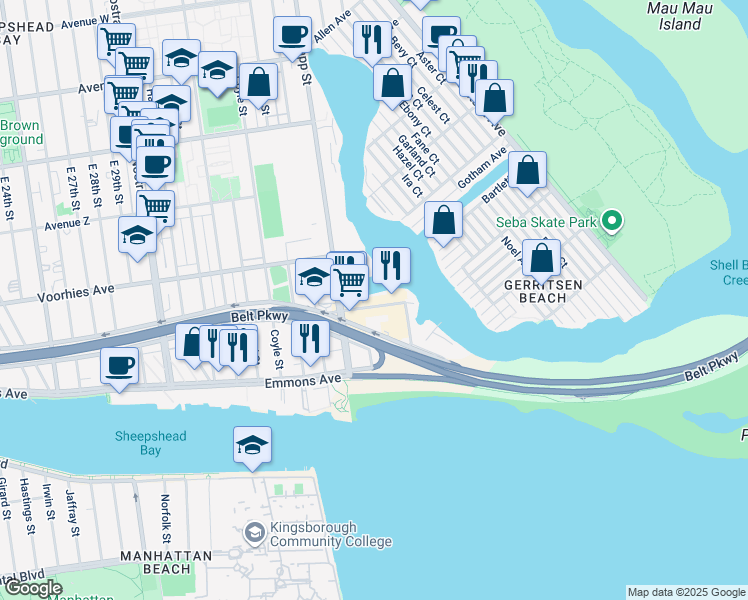 map of restaurants, bars, coffee shops, grocery stores, and more near 3939 Shore Parkway in Brooklyn