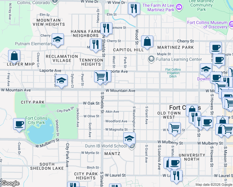 map of restaurants, bars, coffee shops, grocery stores, and more near 1009 West Mountain Avenue in Fort Collins