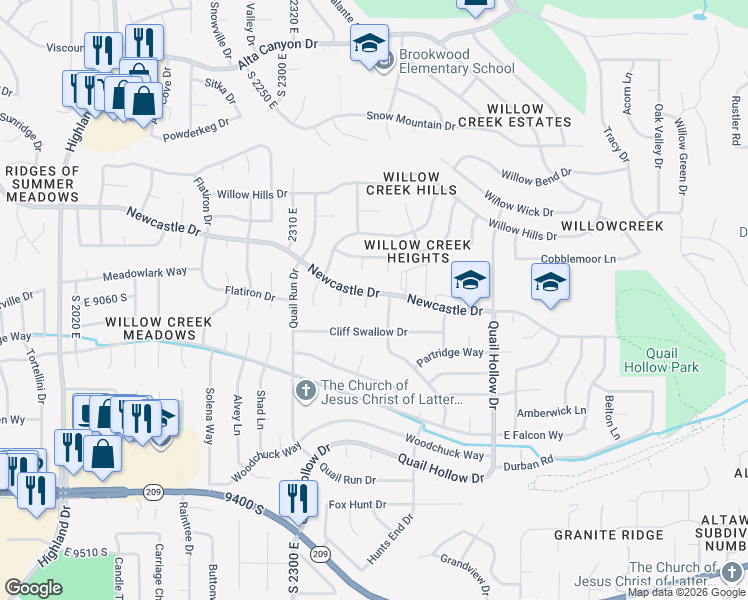 map of restaurants, bars, coffee shops, grocery stores, and more near 2477 Newcastle Drive in Sandy