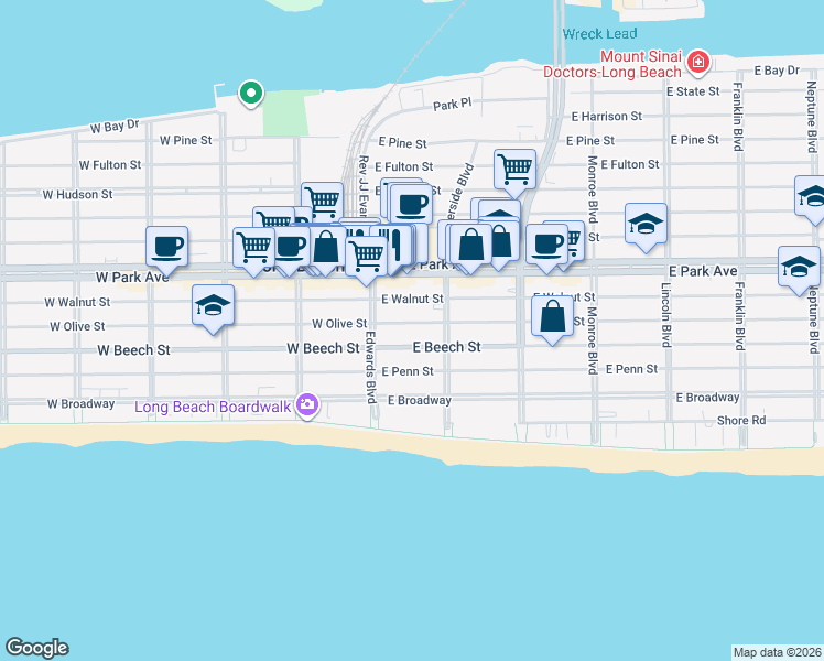 map of restaurants, bars, coffee shops, grocery stores, and more near 59 East Olive Street in Long Beach