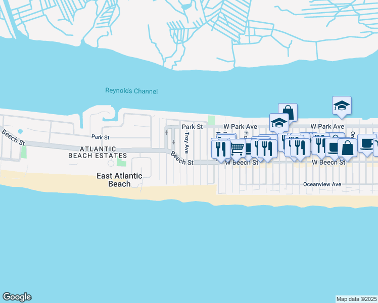 map of restaurants, bars, coffee shops, grocery stores, and more near 71 Troy Avenue in East Atlantic Beach