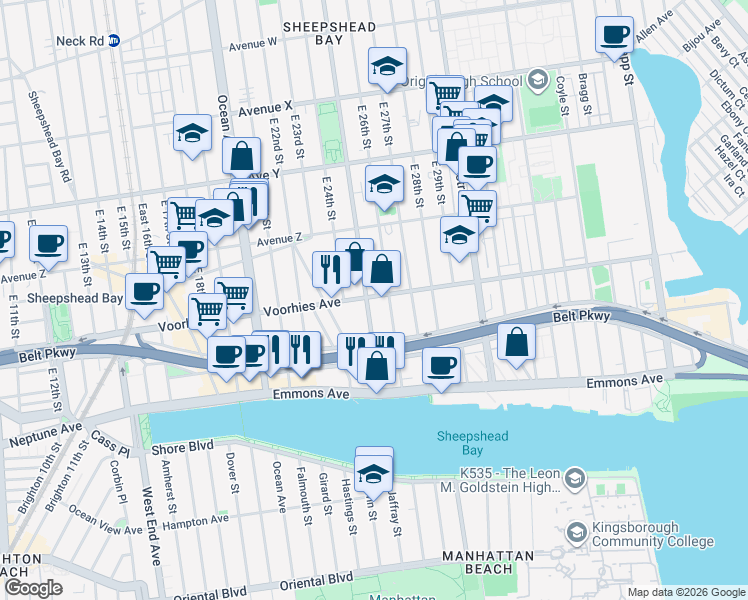 map of restaurants, bars, coffee shops, grocery stores, and more near 4701 Bedford Avenue in Brooklyn