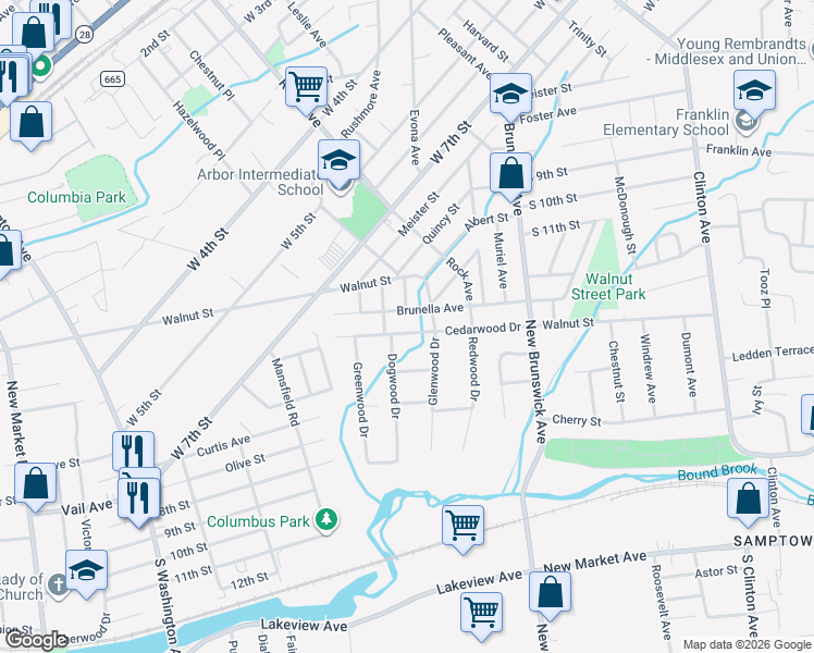 map of restaurants, bars, coffee shops, grocery stores, and more near 1757 Brunella Avenue in Piscataway