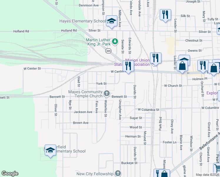 map of restaurants, bars, coffee shops, grocery stores, and more near 767 York Street in Marion