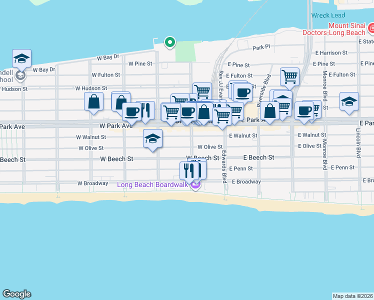 map of restaurants, bars, coffee shops, grocery stores, and more near 217 National Boulevard in Long Beach