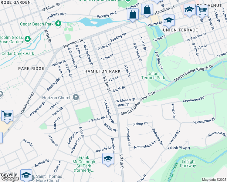map of restaurants, bars, coffee shops, grocery stores, and more near 2341 South Street in Allentown