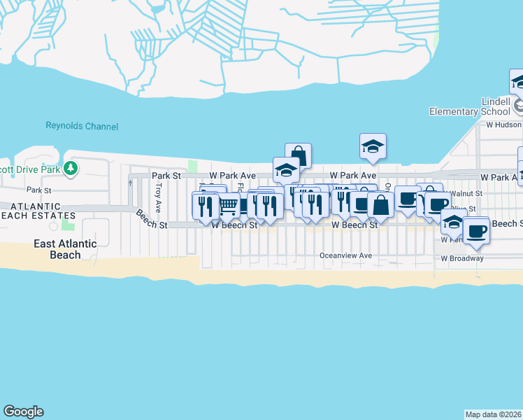map of restaurants, bars, coffee shops, grocery stores, and more near 76 Georgia Avenue in Long Beach