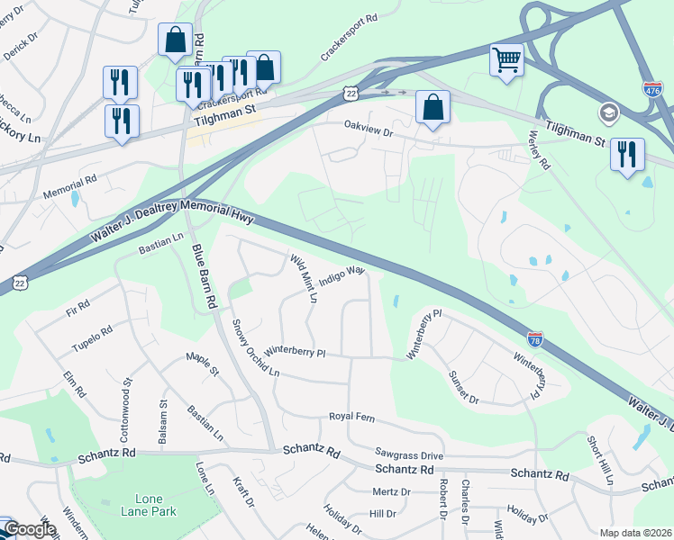 map of restaurants, bars, coffee shops, grocery stores, and more near 329 Indigo Way in Allentown