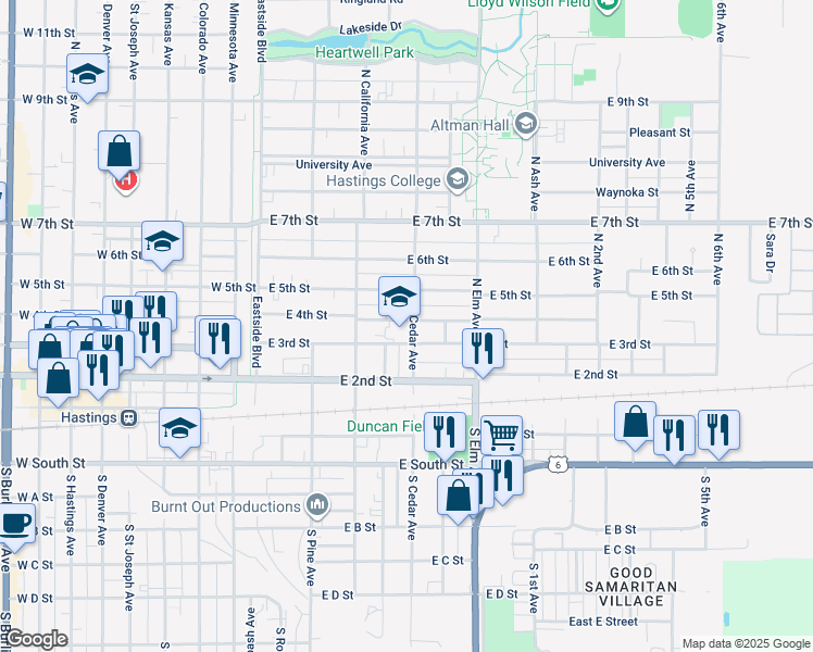 map of restaurants, bars, coffee shops, grocery stores, and more near 313 North Cedar Avenue in Hastings
