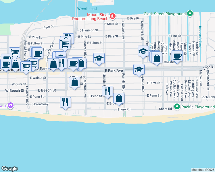 map of restaurants, bars, coffee shops, grocery stores, and more near 424 East Olive Street in Long Beach