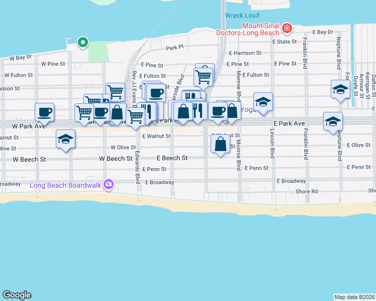 map of restaurants, bars, coffee shops, grocery stores, and more near 115 East Olive Street in Long Beach