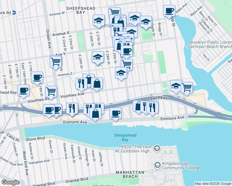 map of restaurants, bars, coffee shops, grocery stores, and more near 2703 East 28th Street in Brooklyn