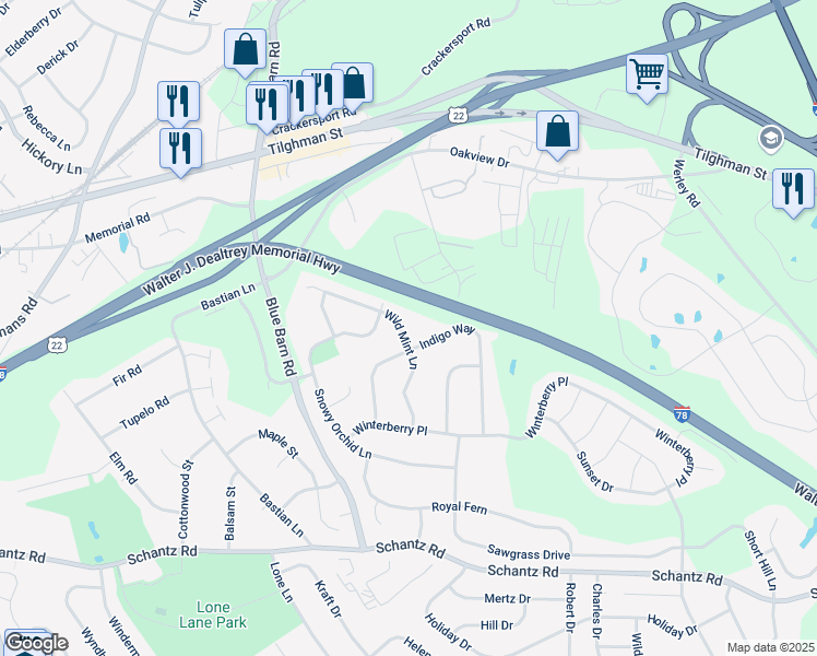map of restaurants, bars, coffee shops, grocery stores, and more near 473 Wild Mint Lane in Allentown