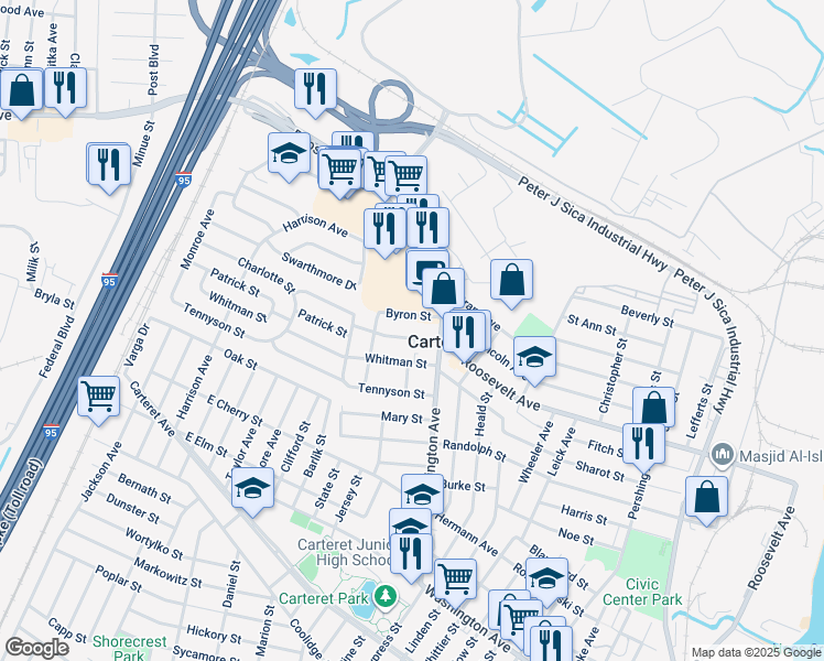 map of restaurants, bars, coffee shops, grocery stores, and more near 10A Holmes Street in Carteret
