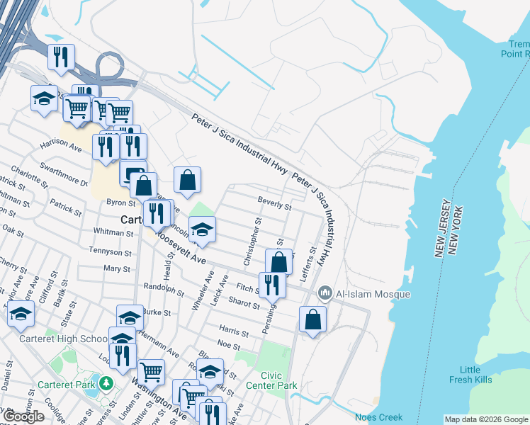 map of restaurants, bars, coffee shops, grocery stores, and more near 66 Christopher Street in Carteret