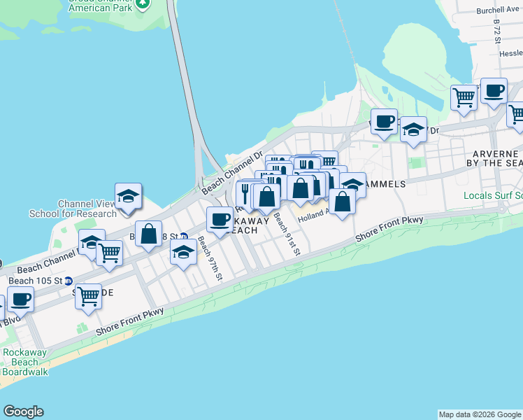 map of restaurants, bars, coffee shops, grocery stores, and more near 209 Beach 91st Street in Queens