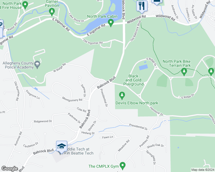map of restaurants, bars, coffee shops, grocery stores, and more near 9802 Presidential Drive in McCandless
