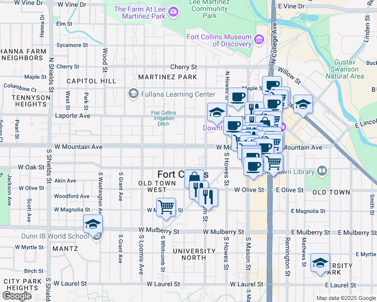 map of restaurants, bars, coffee shops, grocery stores, and more near 431 West Mountain Avenue in Fort Collins