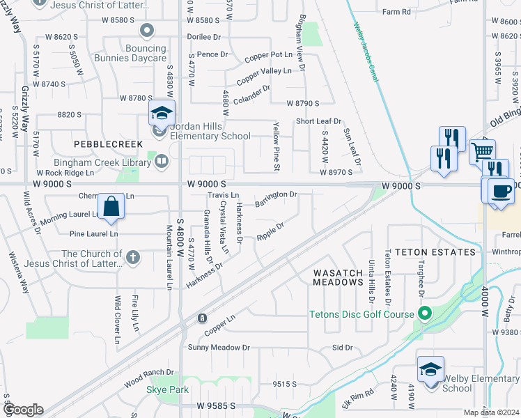map of restaurants, bars, coffee shops, grocery stores, and more near 4565 Barrington Drive in West Jordan