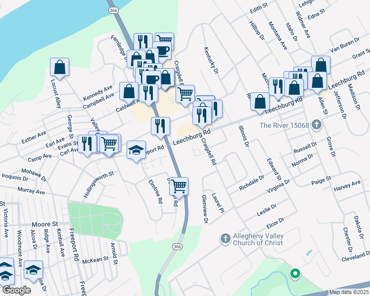 map of restaurants, bars, coffee shops, grocery stores, and more near 2440 Leechburg Road in New Kensington