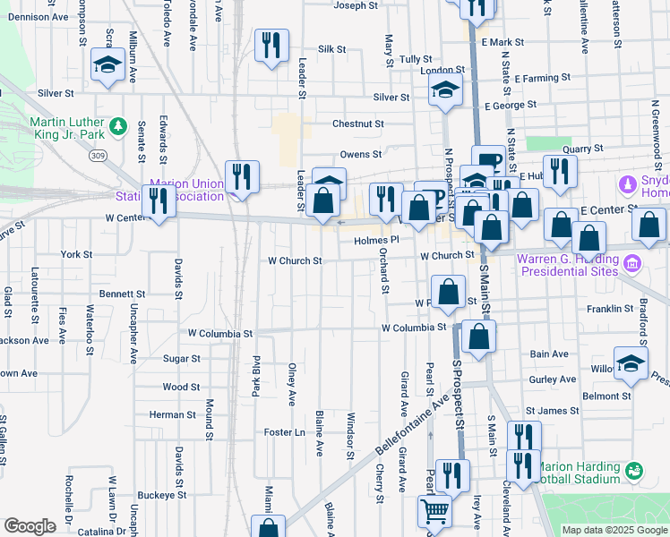 map of restaurants, bars, coffee shops, grocery stores, and more near 369 West Church Street in Marion