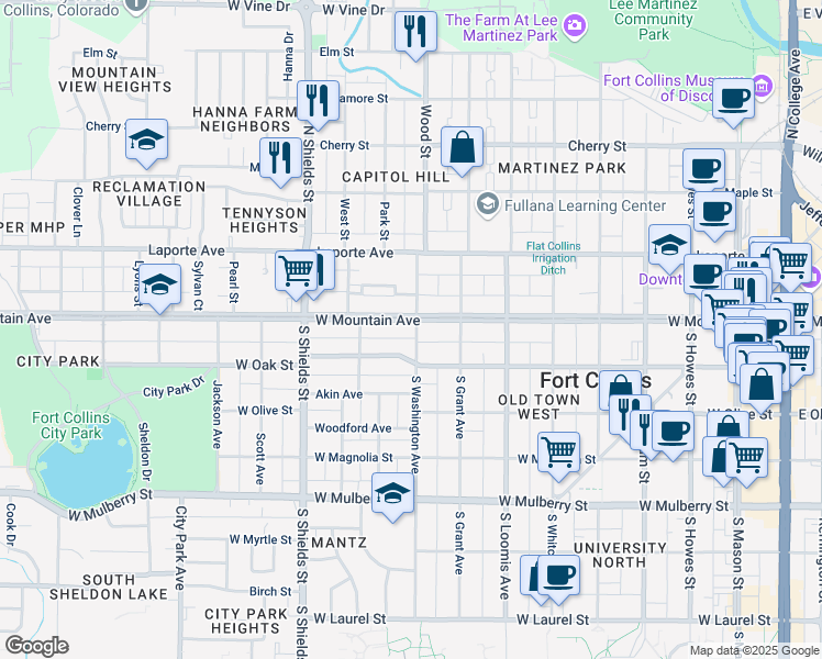 map of restaurants, bars, coffee shops, grocery stores, and more near 901 West Mountain Avenue in Fort Collins