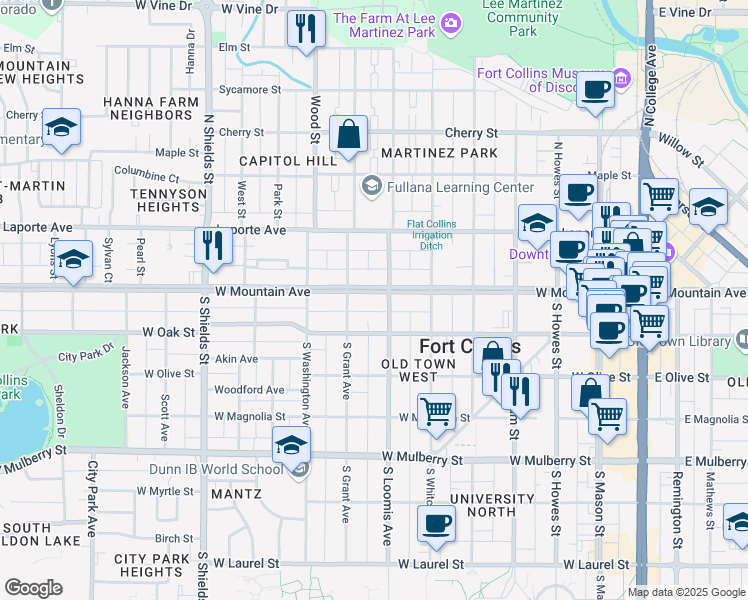 map of restaurants, bars, coffee shops, grocery stores, and more near 711 West Mountain Avenue in Fort Collins