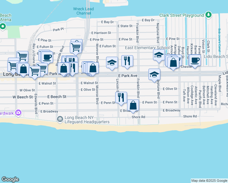 map of restaurants, bars, coffee shops, grocery stores, and more near 368 East Olive Street in Long Beach