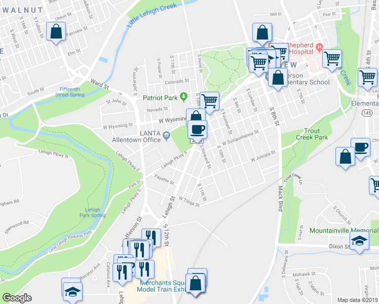 map of restaurants, bars, coffee shops, grocery stores, and more near 1102 Lehigh Street in Allentown