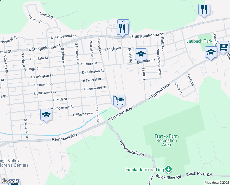 map of restaurants, bars, coffee shops, grocery stores, and more near 1711 Tweed Avenue in Allentown