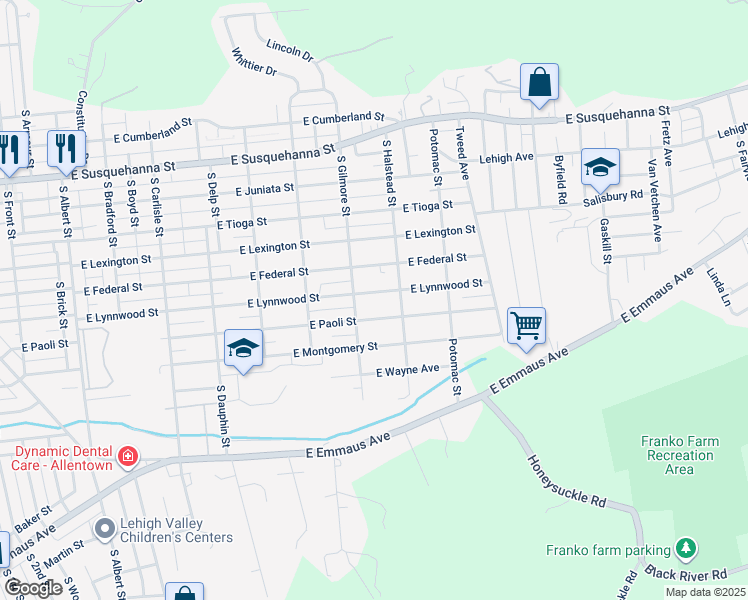 map of restaurants, bars, coffee shops, grocery stores, and more near 712 East Lynnwood Street in Allentown