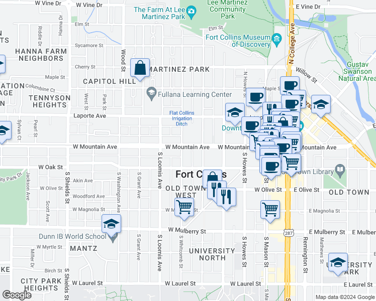 map of restaurants, bars, coffee shops, grocery stores, and more near 521 West Mountain Avenue in Fort Collins