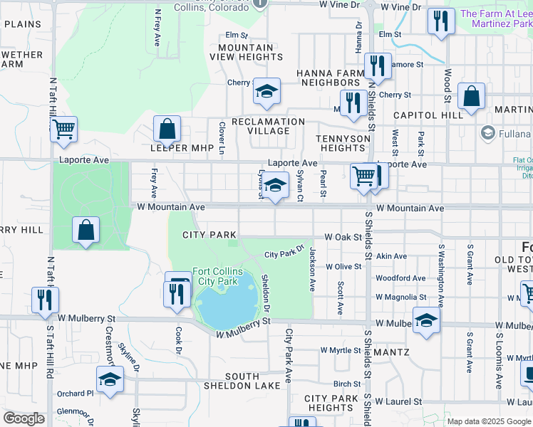 map of restaurants, bars, coffee shops, grocery stores, and more near 1405 West Mountain Avenue in Fort Collins