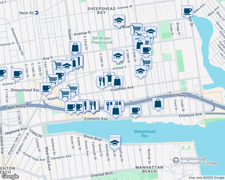 map of restaurants, bars, coffee shops, grocery stores, and more near Bedford Avenue & Voorhies Avenue in Brooklyn