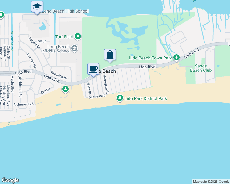 map of restaurants, bars, coffee shops, grocery stores, and more near 75 Matlock Street in Lido Beach