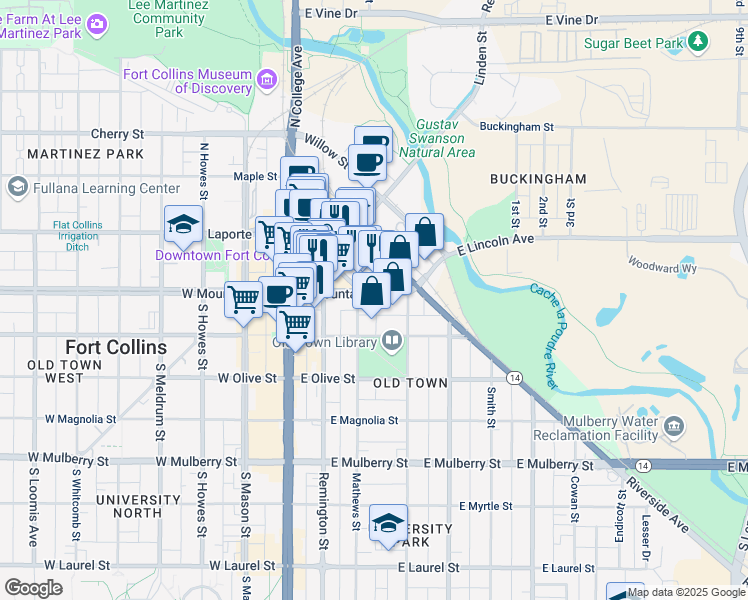 map of restaurants, bars, coffee shops, grocery stores, and more near 315 East Mountain Avenue in Fort Collins