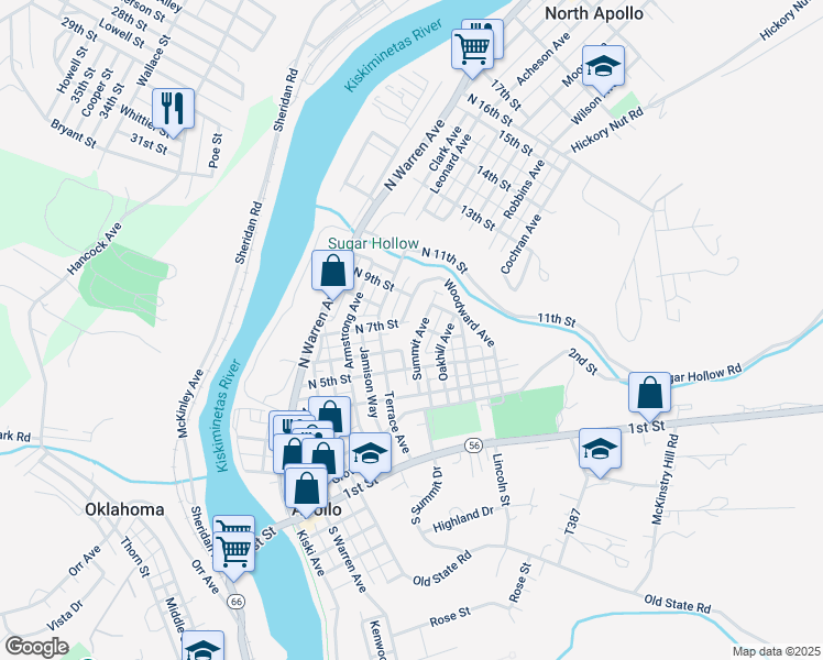map of restaurants, bars, coffee shops, grocery stores, and more near 619 North 7th Street in Apollo