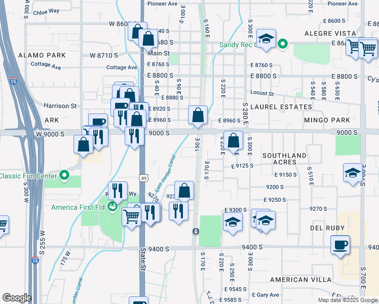 map of restaurants, bars, coffee shops, grocery stores, and more near 9120 150 East in Sandy