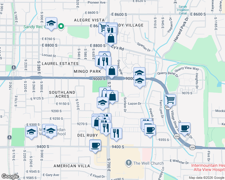 map of restaurants, bars, coffee shops, grocery stores, and more near 9077 South 700 East in Sandy