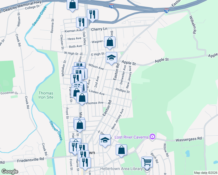 map of restaurants, bars, coffee shops, grocery stores, and more near 348 Phillips Street in Hellertown