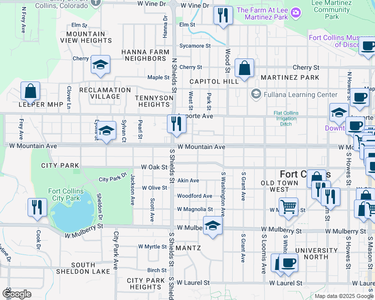 map of restaurants, bars, coffee shops, grocery stores, and more near 1009 West Mountain Avenue in Fort Collins