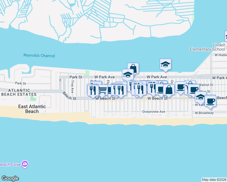 map of restaurants, bars, coffee shops, grocery stores, and more near 78 Georgia Avenue in Long Beach